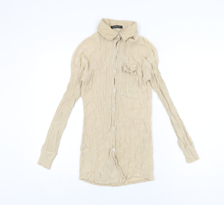 Boohoo Womens Beige Viscose Basic Button-Up Size 10 Collared