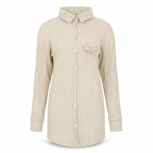 Front view of Boohoo women’s beige viscose basic button-up, size UK 10, collared
