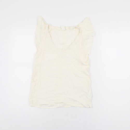 H&M Womens Ivory Viscose Basic T-Shirt Size 4 V-Neck