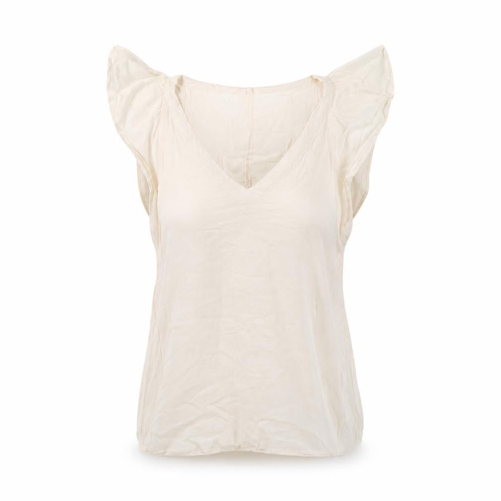 Front view of H&M women’s ivory viscose basic t-shirt, size UK 4, v-neck