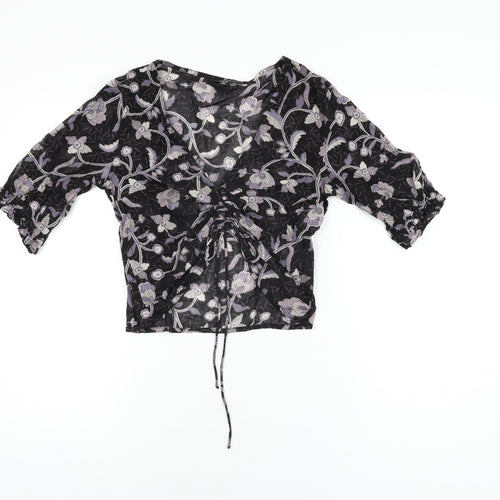 NEXT Womens Black Floral Polyester Cropped T-Shirt Size 6 V-Neck
