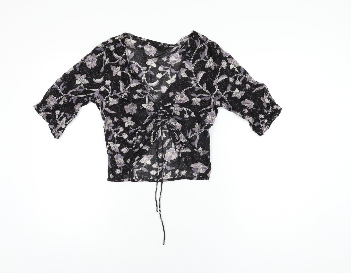NEXT Womens Black Floral Polyester Cropped T-Shirt Size 6 V-Neck