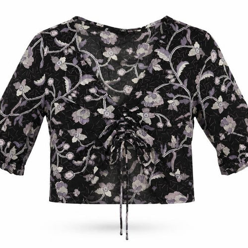 NEXT Womens Black Floral Polyester Cropped T-Shirt Size 6 V-Neck