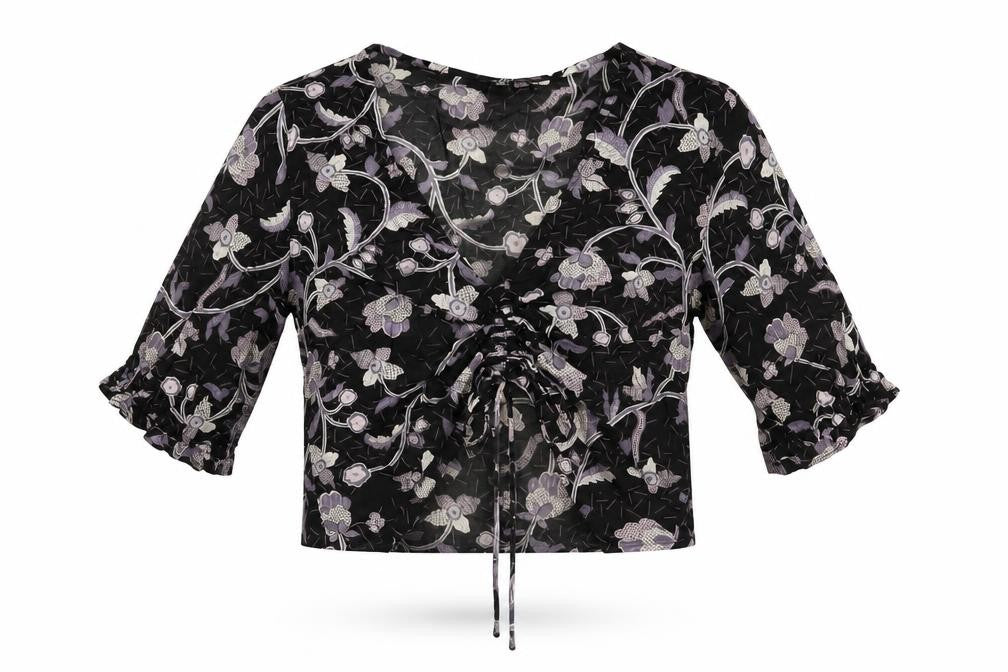 NEXT Womens Black Floral Polyester Cropped T-Shirt Size 6 V-Neck
