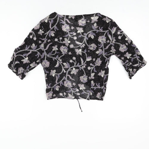 NEXT Womens Black Floral Polyester Cropped T-Shirt Size 6 V-Neck