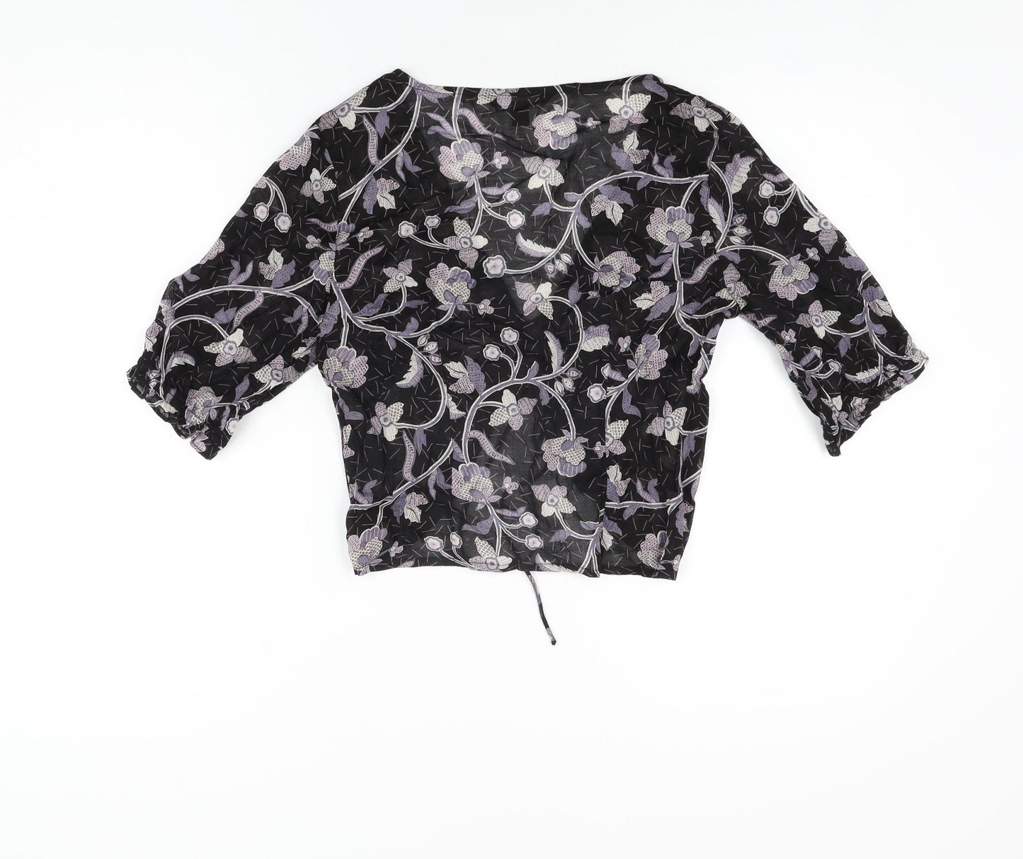 NEXT Womens Black Floral Polyester Cropped T-Shirt Size 6 V-Neck