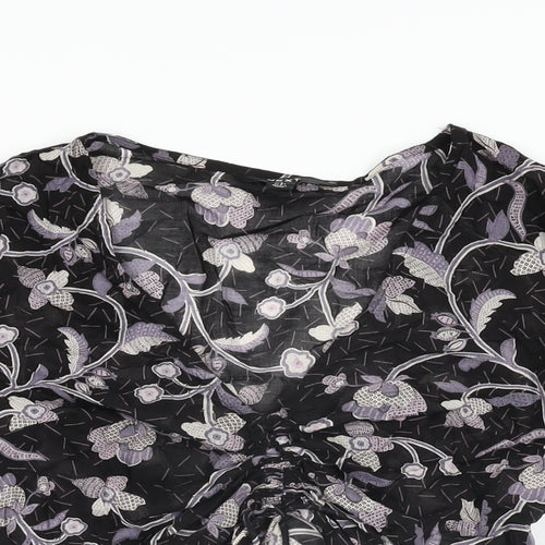 NEXT Womens Black Floral Polyester Cropped T-Shirt Size 6 V-Neck