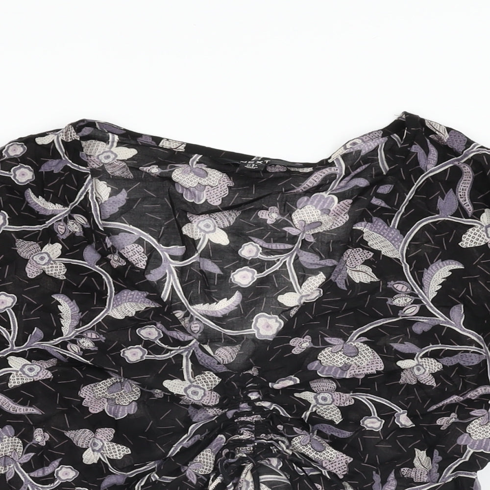 NEXT Womens Black Floral Polyester Cropped T-Shirt Size 6 V-Neck