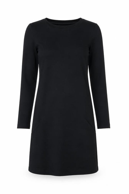 Front view of H&M women’s black viscose shift, size S, round neck pullover