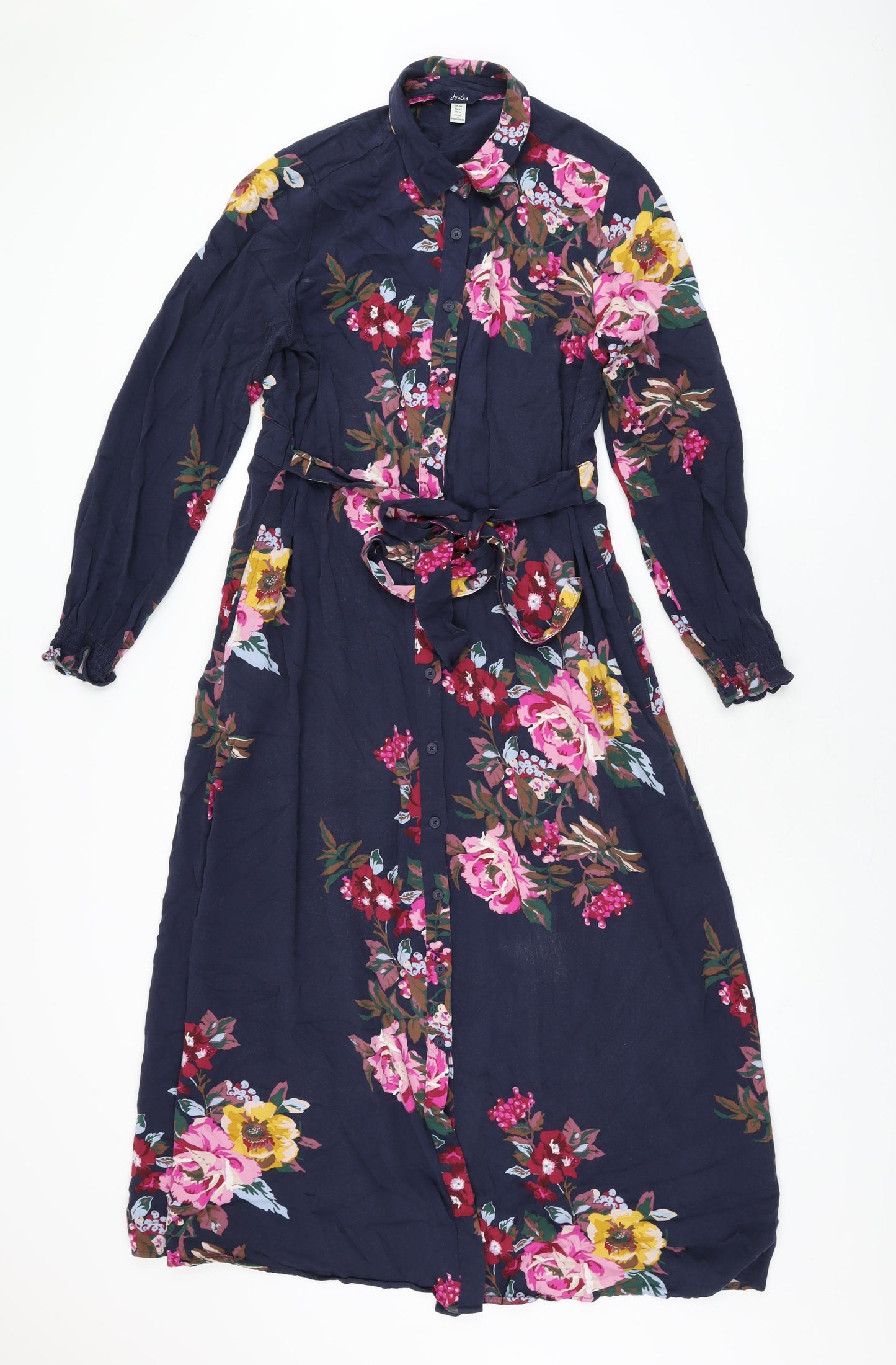 Joules Womens Blue Floral Viscose A-Line Size 14 Collared Button