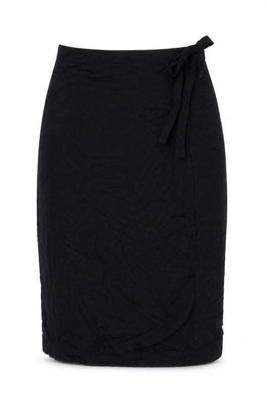 Front view of New Look women’s black polyester wrap skirt, size UK 10, tie