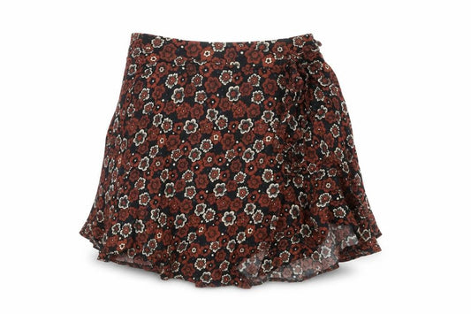 Front view of Cooperative women’s black floral viscose wrap skirt, size XS, tie