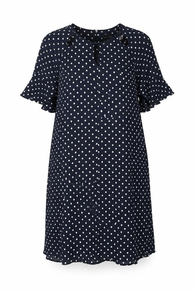Front view of Phase Eight women’s blue polka dot viscose shift, size UK 14, round neck zip