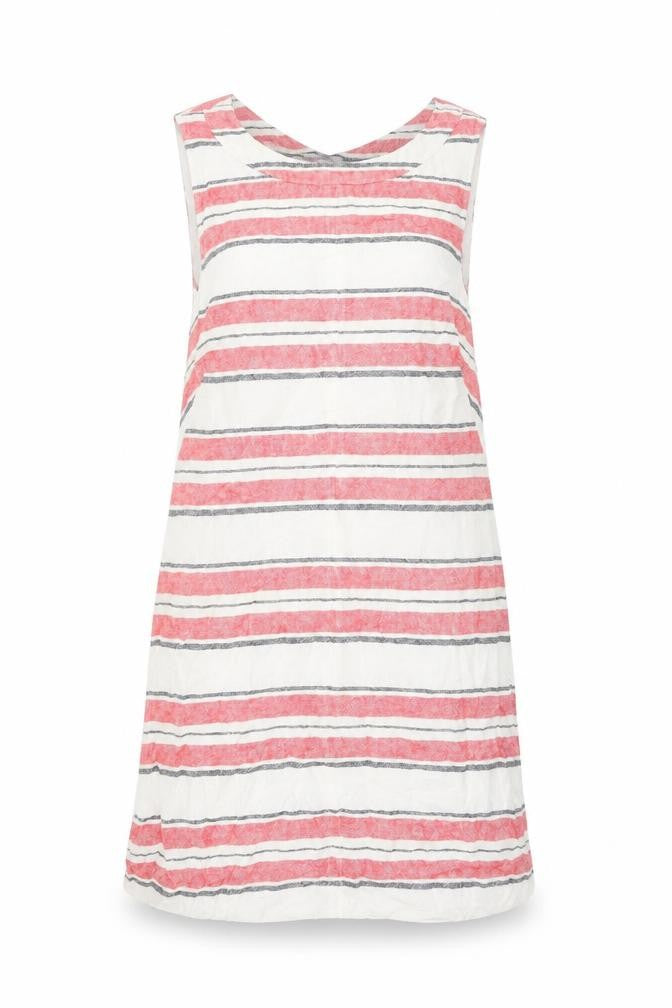 Front view of Marks & Spencer women’s ivory striped linen shift, size UK 12, round neck pullover