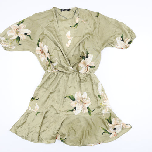 Zara Womens Green Floral Polyester Skater Dress Size XS V-Neck Pullover