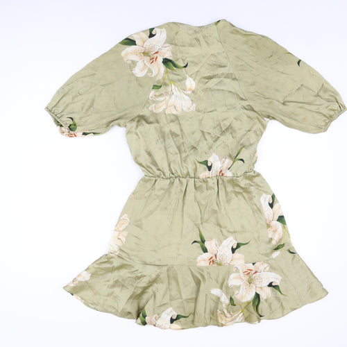 Zara Womens Green Floral Polyester Skater Dress Size XS V-Neck Pullover