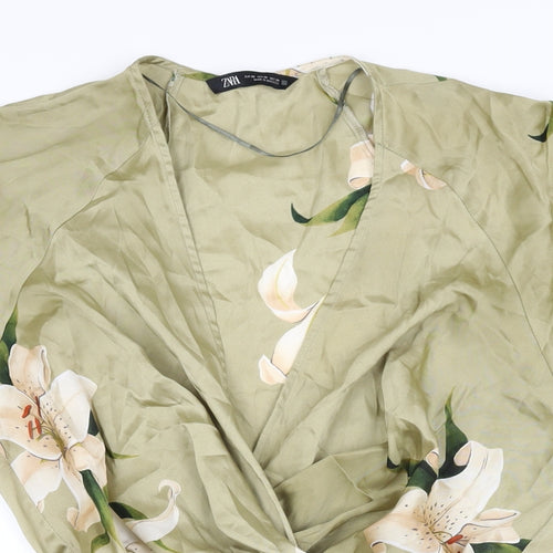 Zara Womens Green Floral Polyester Skater Dress Size XS V-Neck Pullover
