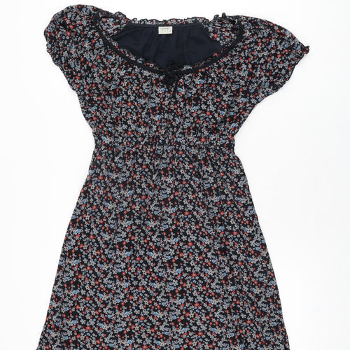 Spirit Womens Blue Floral Polyamide Skater Dress Size L Scoop Neck Pullover
