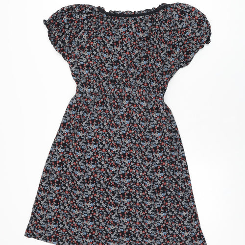 Spirit Womens Blue Floral Polyamide Skater Dress Size L Scoop Neck Pullover