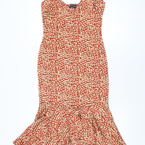 PRETTYLITTLETHING Womens Red Animal Print Polyester Bodycon Size 10 V-Neck Zip