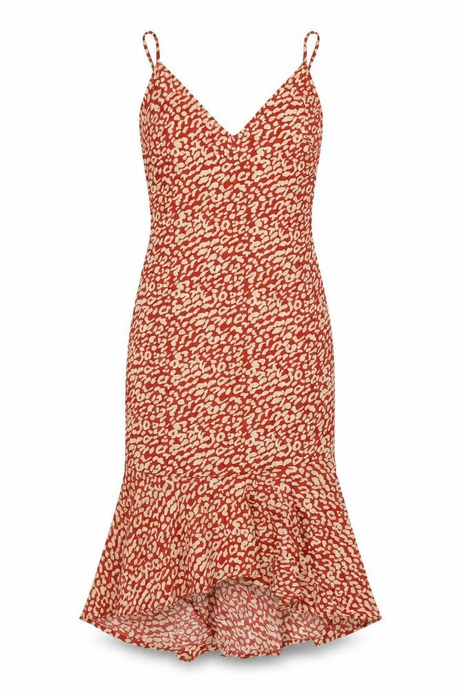 Front view of PRETTYLITTLETHING women’s red animal print polyester bodycon, size UK 10, v-neck zip
