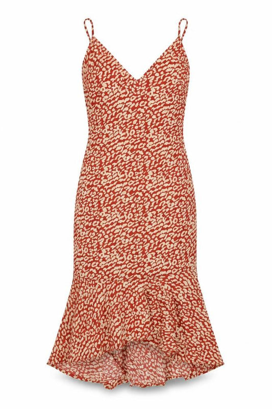 Front view of PRETTYLITTLETHING women’s red animal print polyester bodycon, size UK 10, v-neck zip