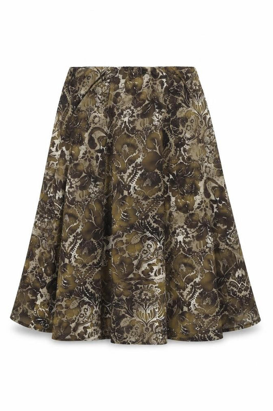 Front view of Anna Rose women’s brown geometric polyester swing skirt, size UK 10