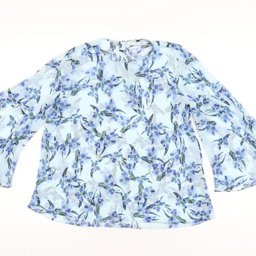 Zara Womens Blue Floral Polyester Basic Blouse Size S Round Neck