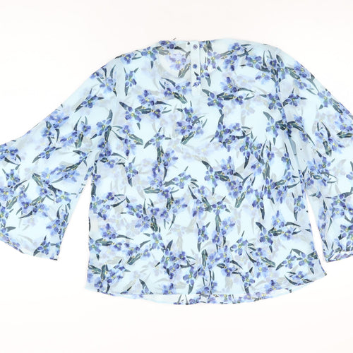 Zara Womens Blue Floral Polyester Basic Blouse Size S Round Neck