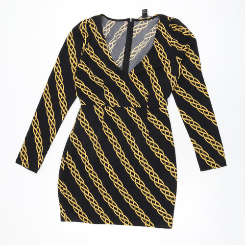 FOREVER 21 Womens Black Geometric Polyester Bodycon Size S V-Neck Zip