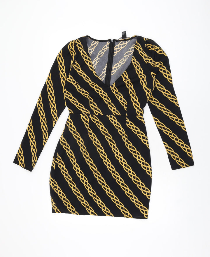 FOREVER 21 Womens Black Geometric Polyester Bodycon Size S V-Neck Zip