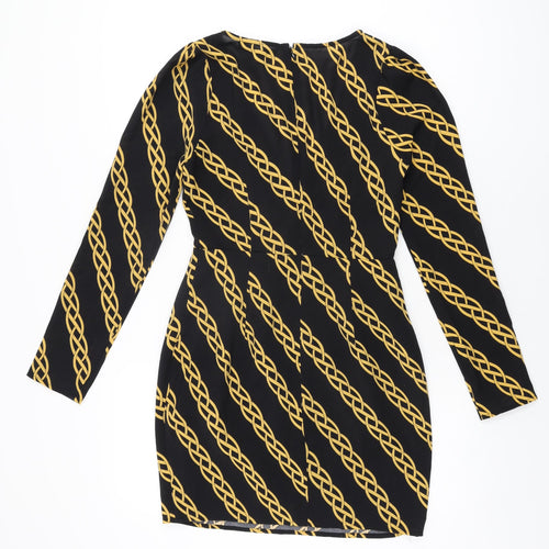FOREVER 21 Womens Black Geometric Polyester Bodycon Size S V-Neck Zip