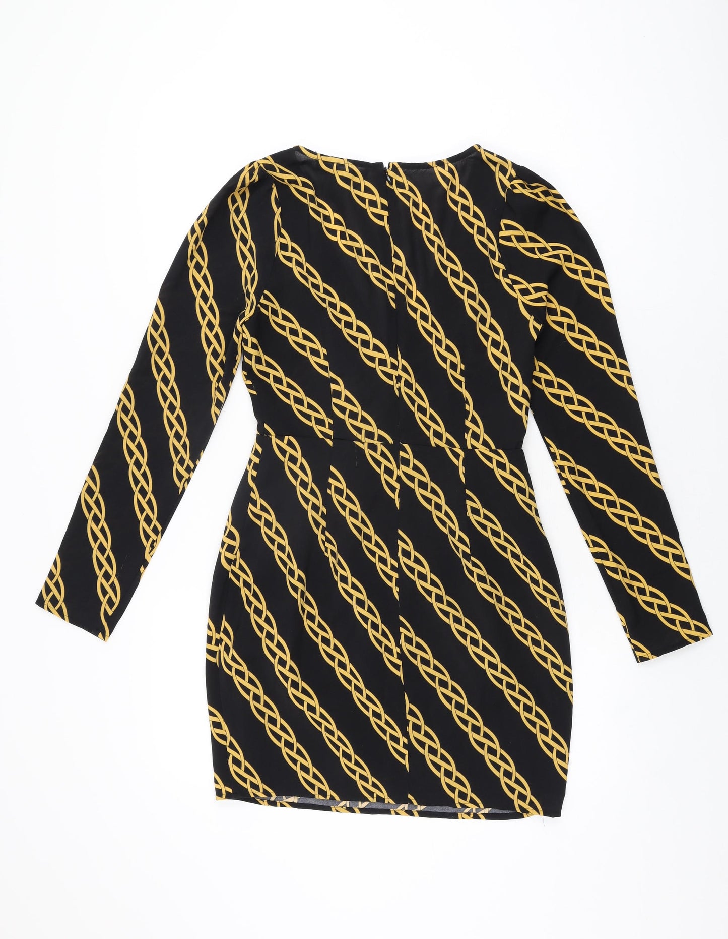 FOREVER 21 Womens Black Geometric Polyester Bodycon Size S V-Neck Zip