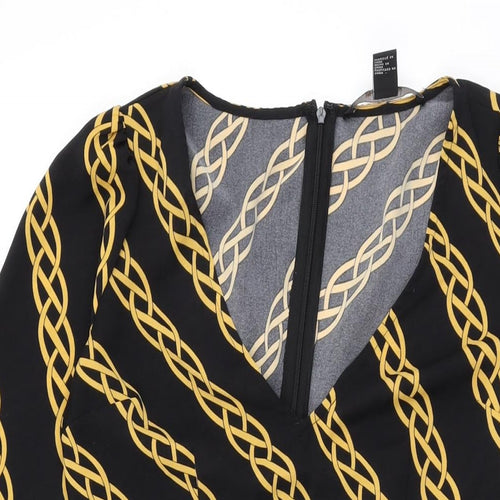 FOREVER 21 Womens Black Geometric Polyester Bodycon Size S V-Neck Zip