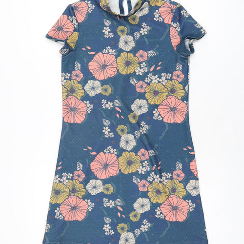 ASOS Womens Blue Floral Polyester Mini Size 6 High Neck Button