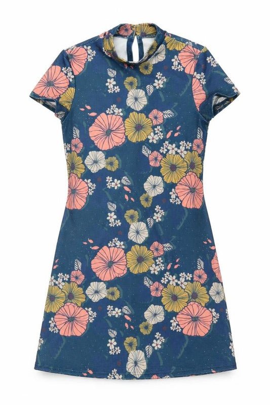 Front view of ASOS women’s blue floral polyester mini, size UK 6, high neck button