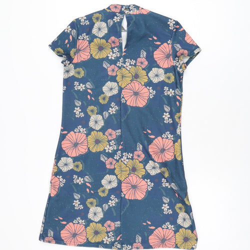 ASOS Womens Blue Floral Polyester Mini Size 6 High Neck Button