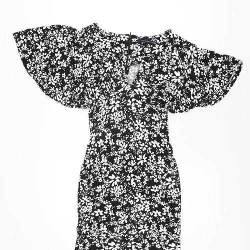 French Connection Womens Black Floral Viscose Mini Size 8 V-Neck Zip
