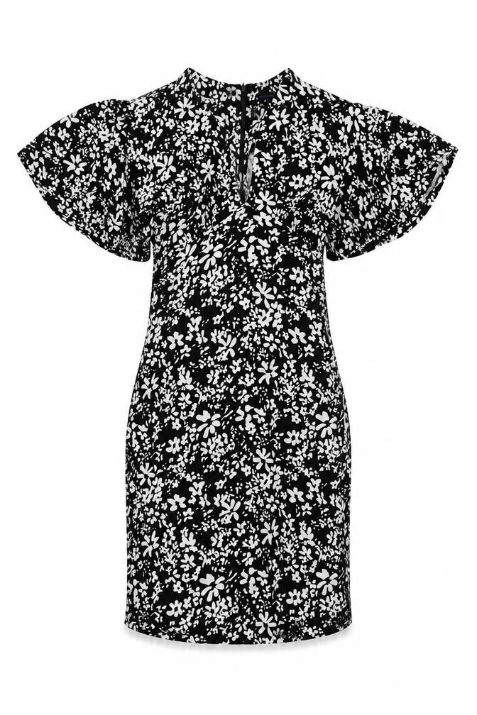 Front view of French Connection women’s black floral viscose mini, size UK 8, v-neck zip