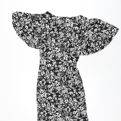 French Connection Womens Black Floral Viscose Mini Size 8 V-Neck Zip