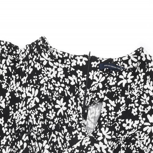 French Connection Womens Black Floral Viscose Mini Size 8 V-Neck Zip