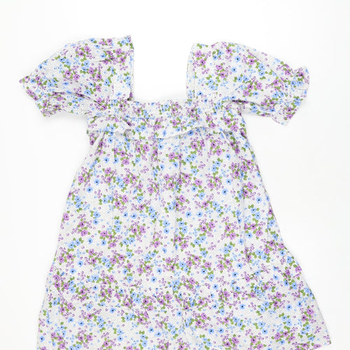 Vioiet Womens White Floral Cotton Shift Size 10 Square Neck Pullover