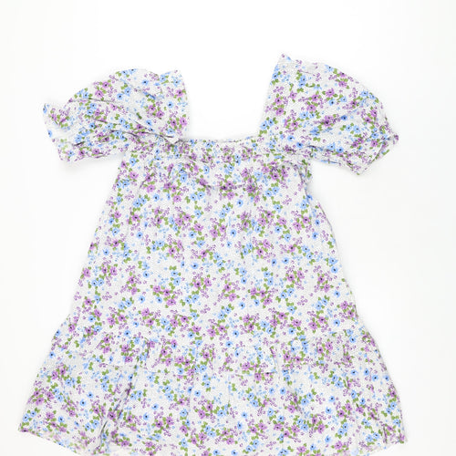 Vioiet Womens White Floral Cotton Shift Size 10 Square Neck Pullover