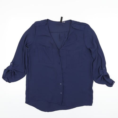 H&M Womens Blue Polyester Basic Button-Up Size 8 V-Neck