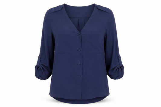 Front view of H&M women’s blue polyester basic button-up, size UK 8, v-neck