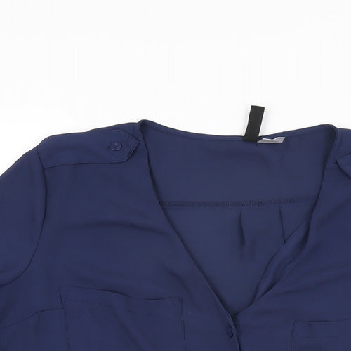 H&M Womens Blue Polyester Basic Button-Up Size 8 V-Neck