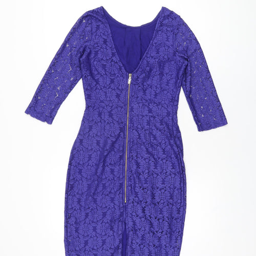 Dorothy Perkins Womens Blue Floral Cotton Bodycon Size 8 Round Neck Zip