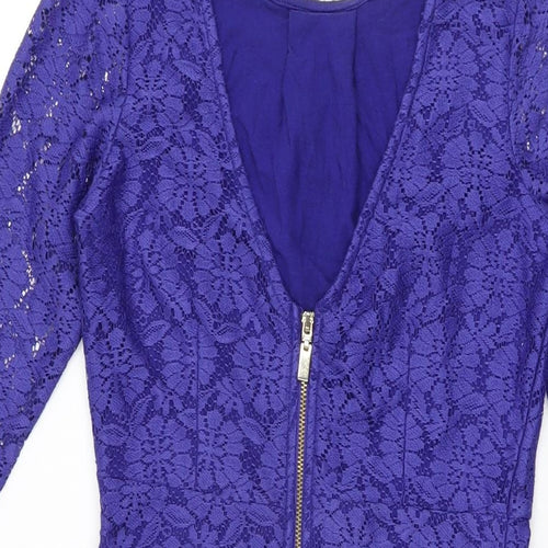 Dorothy Perkins Womens Blue Floral Cotton Bodycon Size 8 Round Neck Zip