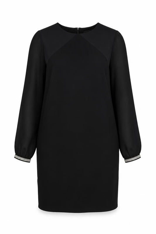 Front view of Next women’s black polyester shift, size UK 12, round neck zip - embellished
