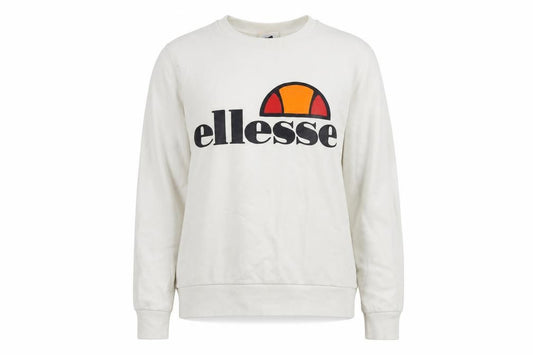 Front view of Ellesse women’s white cotton pullover sweatshirt, size UK 10, pullover - vintage logo